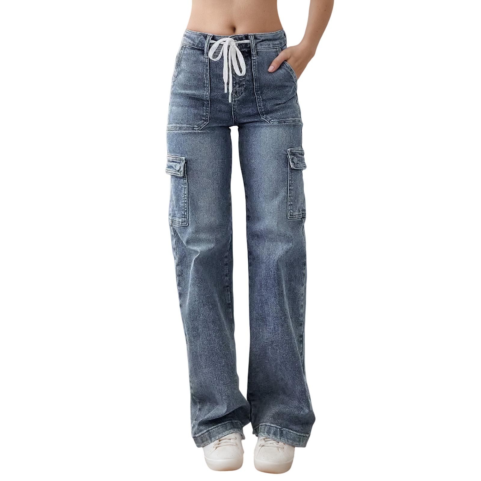 Pantalones rectos de trabajo para mujer: vaqueros informales con múltiples bolsillos para uso diario
